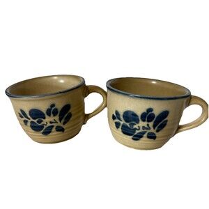 Pfaltzgraff  Folk Art Coffee Tea Cups Mugs Blue Tan USA Stoneware Lot Of 2